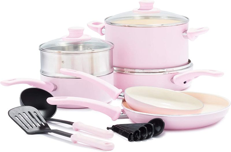 Photo 1 of GreenLife Soft Grip Healthy Ceramic Nonstick Pink Cookware Pots and Pans Set, 12-Piece