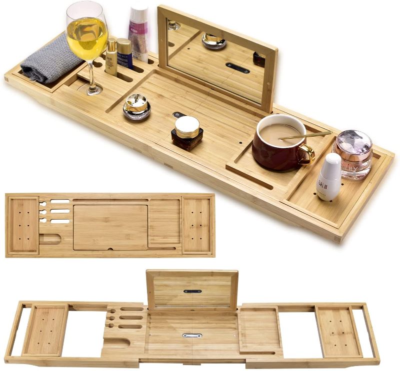 Photo 1 of Luxury Retractable Bathtub Caddie Tray, Foldable Bamboo Bathtub Tray with Mirror Caddie, can Place Books and Integrated Tablet, Smartphone and Wine Glass - idea of Gifts for Loved Ones
