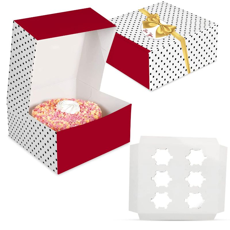 Photo 1 of 10x10x5 Inches Cake Box With Divider – 1pc Dots Cake Box With Divider – Sturdy Large 10 Inch Cake Box With Golden Bow Design, Bakery Box With Divider For Cookies, Pie, Cupcakes, Disposable Cake Container
