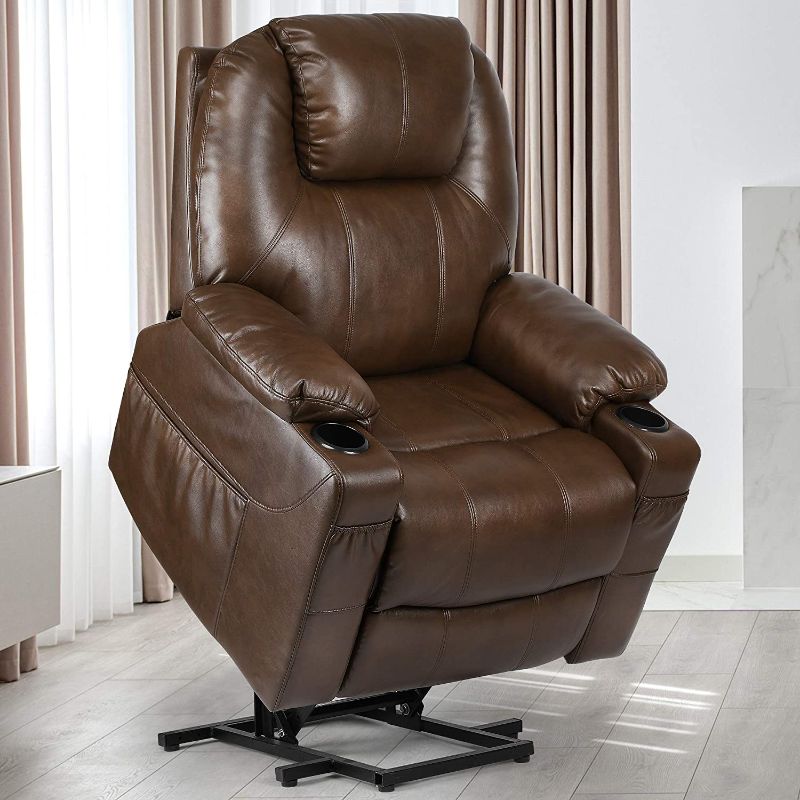 Photo 1 of YITAHOME Power Lift Recliner Chair for Elderly, Lift Chair with Heat and Massage, Faux Leather Recliner Chair with 2 Cup Holders, Side Pockets & Remote Control for Living Room (Brown)
