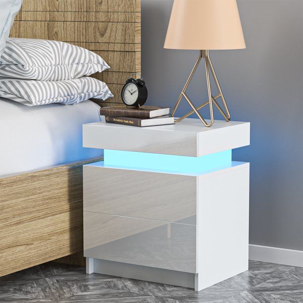 Photo 1 of 1 Pack LED Light Bedside Table Cabinet Nightstand With Drawer Home Bedroom - White High Gloss Finish
