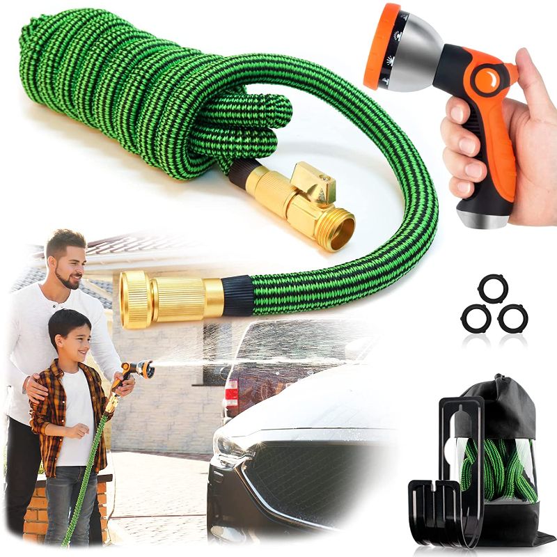 Photo 1 of 50FT Expandable Garden Hose, Extra Strength 3750D Expanding Water Hose with Multi-function Spray Nozzle & 3/4" Solid Brass Fittings, No-Kink/Lightweight/Durable/Flexible Garden Hose for Watering