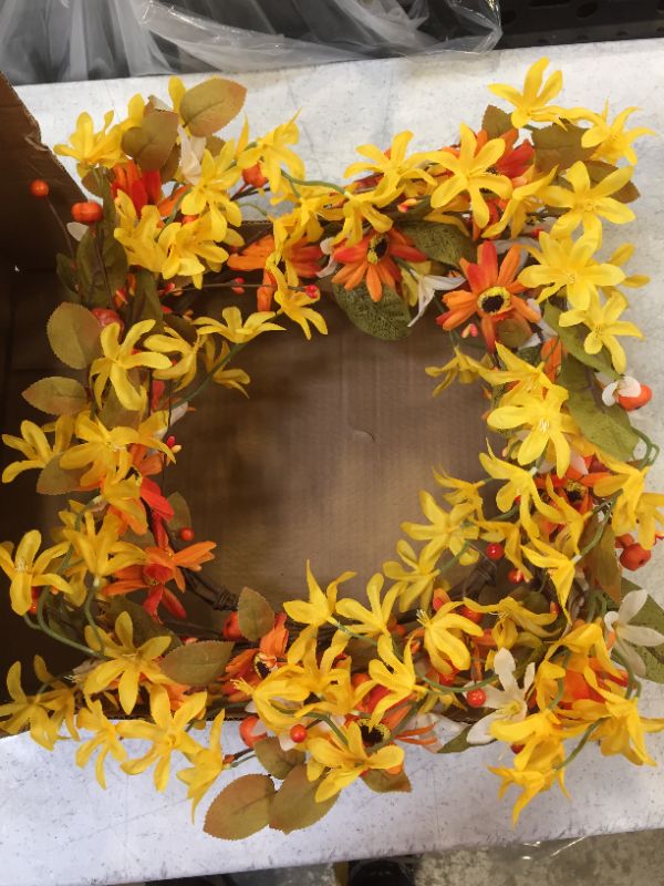 Photo 2 of  Fall Flower Wreath Orange Yellow White Floral Wreath Autumn Wreath with Pumpkins and Berries Front Door Wreath for Home Decor and Thanksgiving Celebration