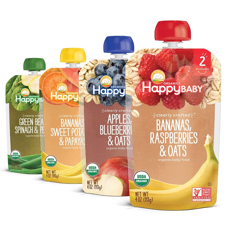 Photo 1 of Happy Baby Organics Clearly Crafted Stage 2 Baby Food, Fruit & Oat Variety Pack, Bananas-Raspberries-Oats, Apples-Blueberry-Oats, 4 Ounce Pouch (Pack of 16)