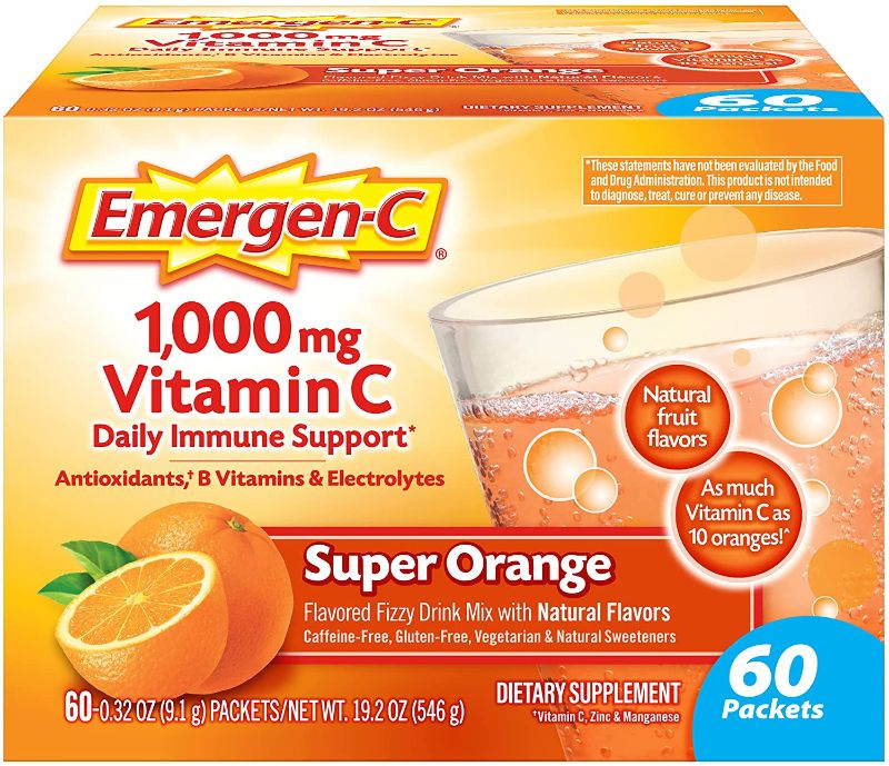 Photo 1 of Emergen-C 1000mg Vitamin C Powder, with Antioxidants, B Vitamins and Electrolytes, Vitamin C Supplements for Immune Support, Caffeine Free Fizzy Drink Mix, Super Orange Flavor, 0.32 Ounce (Pack of 60)
