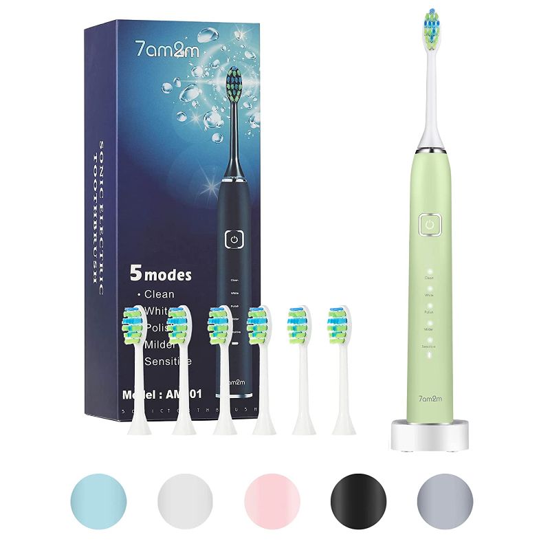 Photo 1 of 7am2m Sonic Electric Toothbrush with 6 Brush Heads for Adults and Kids,Wireless Fast Charge, One Charge for 60 Days, 5 Modes with 2 Minutes Build in Smart Timer, Electric Toothbrushes(Green)

