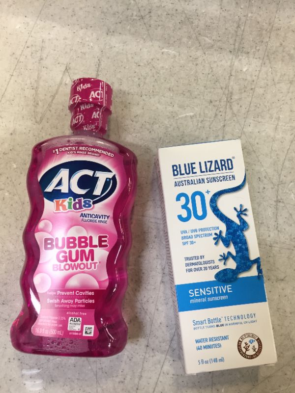 Photo 2 of Act Kids Fluoride Rinse, Anticavity, Bubble Gum Blowout - 16.9 fl oz and Blue Lizard Australian Sunscreen - Sensitive Skin, SPF 30+, 5 Oz