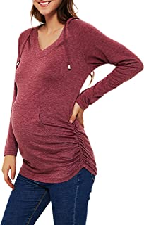 Photo 1 of Maternity Hoodie Long Sleeves with Pocket Vneck Pregnancy Stetchy Casual Tunics---PURPLE-SMALL---