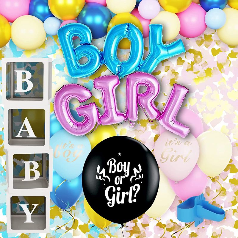 Photo 1 of 141 Pcs Gender Reveal Party Decorations with Gender Reveal Balloon Garland Kit, Boy or Girl Balloon, Pink and Blue Confetti, Clear Baby Boxes with Letters 