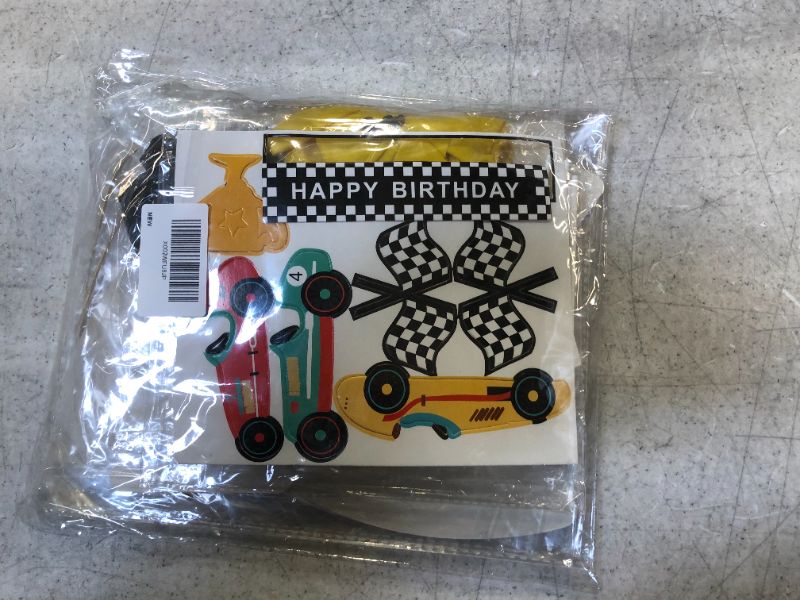 Photo 2 of  52 Pieces Race Car Birthday Party Supplies Set, Including Car Happy Birthday Banner and Car Balloons, Birthday Hats, Car Cupcake Toppers