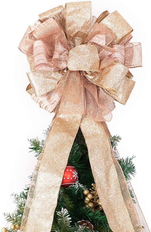 Photo 1 of Christmas Tree Topper,Christmas Tree Bow Topper 27x12 Inches Large Toppers Gift Bow Tree Topper Bow Handmade Decoration for Wreaths Tree Toppers - (Large Rose Gold)
