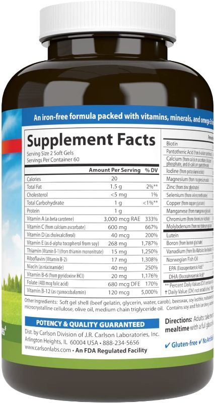 Photo 1 of Carlson - Super-2-daily, Multi + Omega-3s + Lutein + D3, Vitamins A C D E plus Norwegian Fish Oil, Fish Oil Multivitamin, Vitamins & Minerals, Multivitamin with Lutein, 120 Softgels
