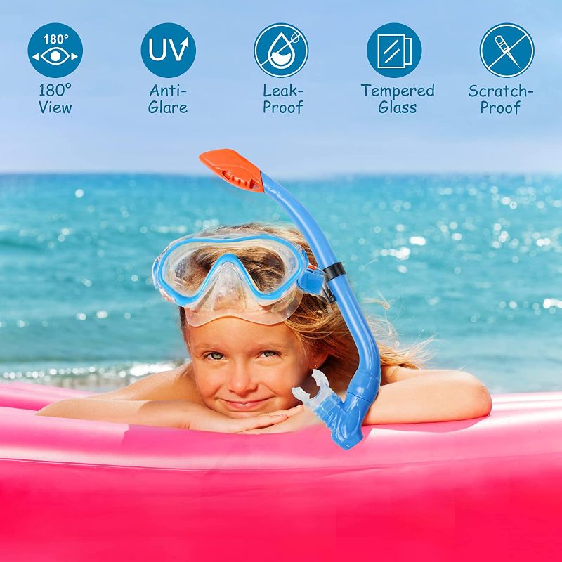 Photo 1 of  Kids Snorkeling Set with Flippers/Fins + Panoramic Snorkel Mask + Dry Top Snorkel + Travel Bags,Snorkeling Gear for Kids,Juniors,Boys and Girls Age 5-12
