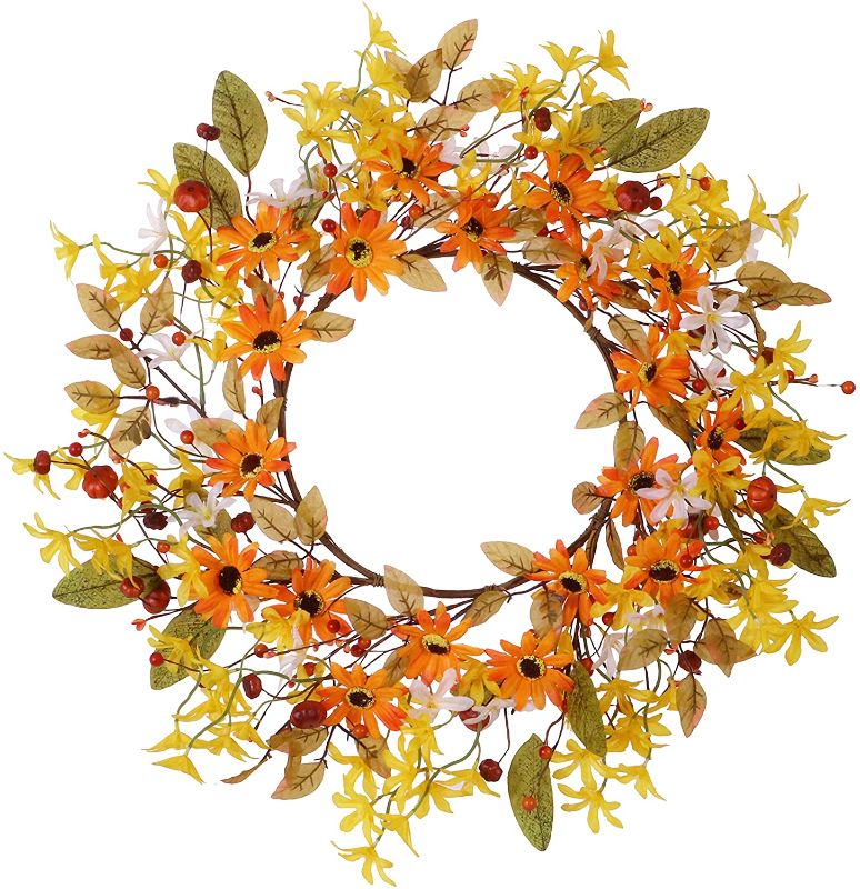 Photo 1 of Artificial Fall Flower Wreath,20” Orange Yellow White Floral Wreath Autumn Wreath with Pumpkins and Berries Front Door Wreath for Home Decor and Thanksgiving Celebration
