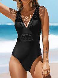 Photo 1 of CUPSHE Women's Solid Black V Neck Mesh One Piece Swimsuit size large 
