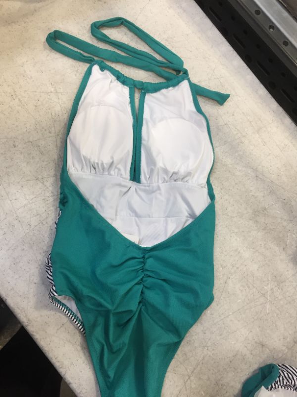 Photo 3 of Aqua Textured and Striped Halter One Piece Swimsuit size small 
