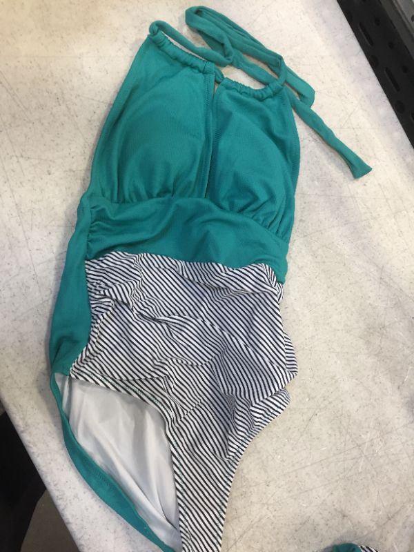 Photo 2 of Aqua Textured and Striped Halter One Piece Swimsuit size small 
