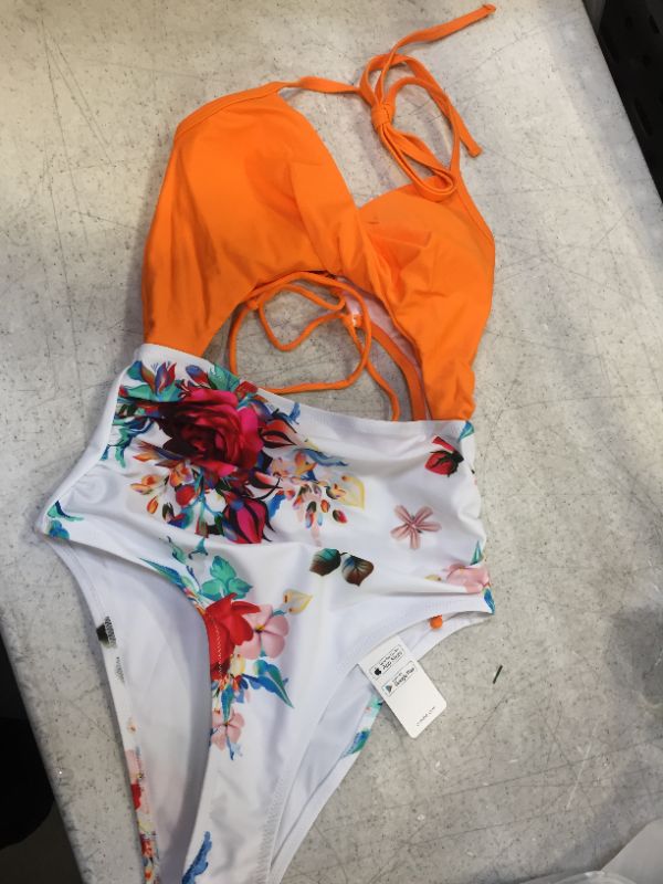 Photo 1 of womens Orange Floral Lace-up Halter One Piece Swimsuit size extra small 

