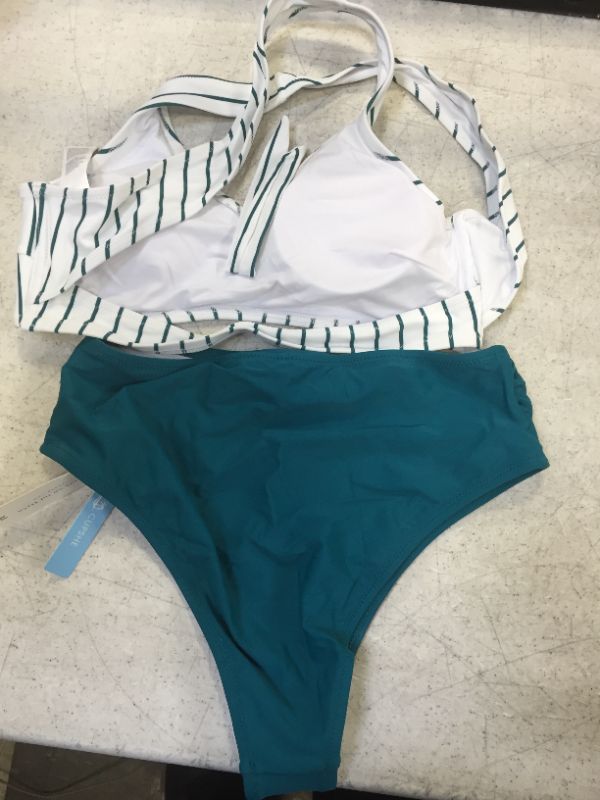 Photo 3 of CUPSHE Women's Teal Solid Striped Shirring High Waisted Bikini Sets size medium 
