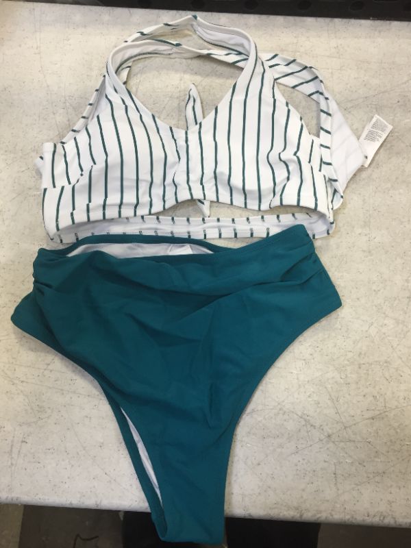 Photo 2 of CUPSHE Women's Teal Solid Striped Shirring High Waisted Bikini Sets size medium 
