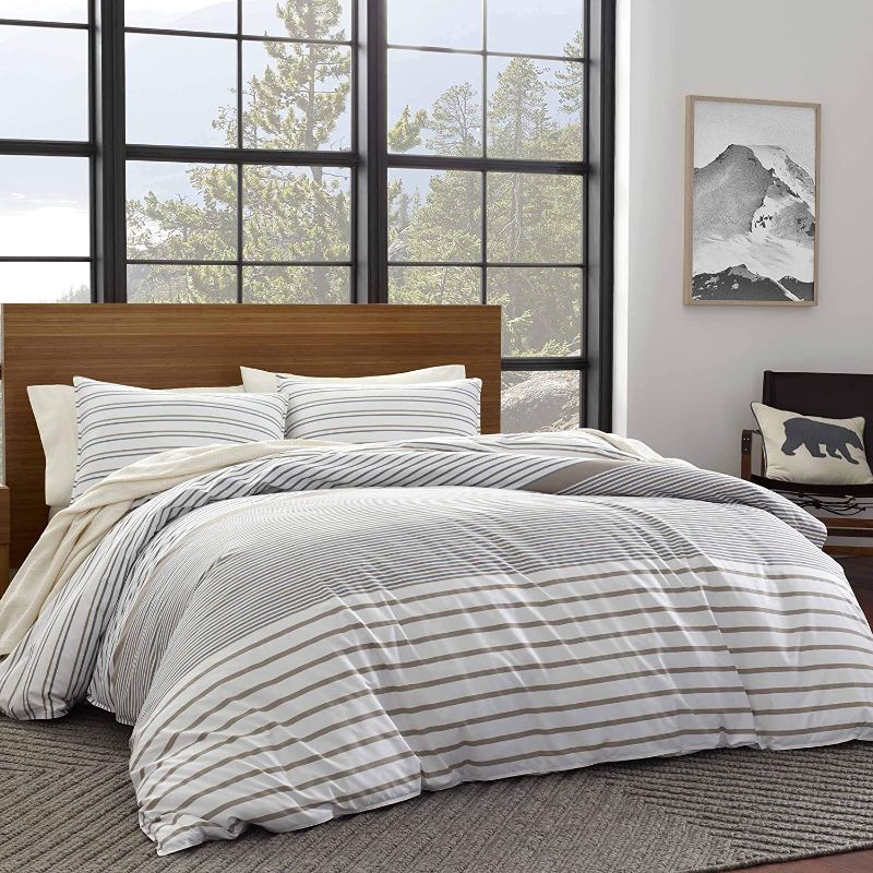 Photo 1 of Eddie Bauer Home | Cooper Collection | 100% Cotton Stripe Duvet Cover Matching Shams, 3-Piece Bedding Set, Buttons & Corner Ties to Ensure Placement, Full/Queen, Neutral
