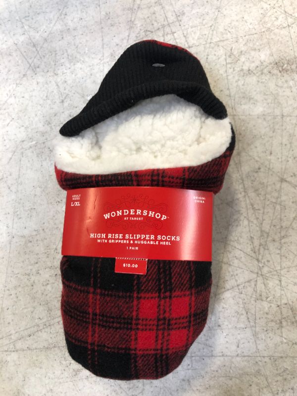 Photo 2 of Adult Plaid Sherpa Lined Pull-On Slipper Socks with Huggable Heel & Grippers - Wondershop™ Red/Black size large
