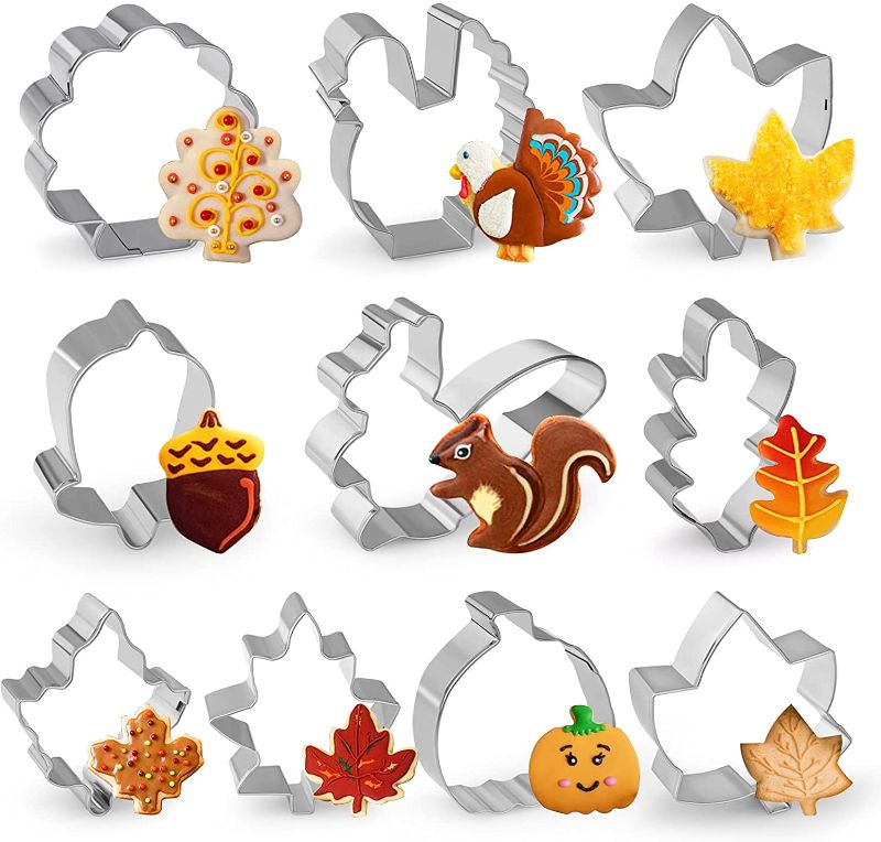 Photo 2 of 10 Piece Stainless Steel Thanksgiving Cookie Cutter Set with Turkey, Pumpkin, Maple, Oak Leaf, Squirrel and Acorn. Pack of 2
