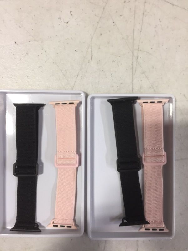 Photo 1 of 2 Pack Sport Nylon Compatible with Apple Watch Bands 41mm 40mm 38mm, Adjustable Lightweight & Breathable Woven Stretches Strap for iWatch Series 7/6/5/4/3/2/1/SE Men Women Black/Pink Sand. Set of 2

