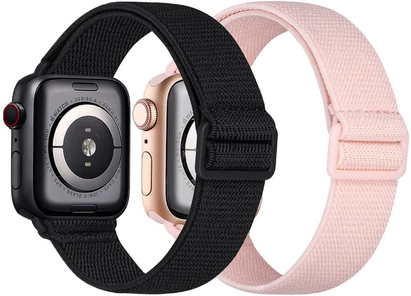 Photo 2 of 2 Pack Sport Nylon Compatible with Apple Watch Bands 41mm 40mm 38mm, Adjustable Lightweight & Breathable Woven Stretches Strap for iWatch Series 7/6/5/4/3/2/1/SE Men Women Black/Pink Sand. Set of 2
