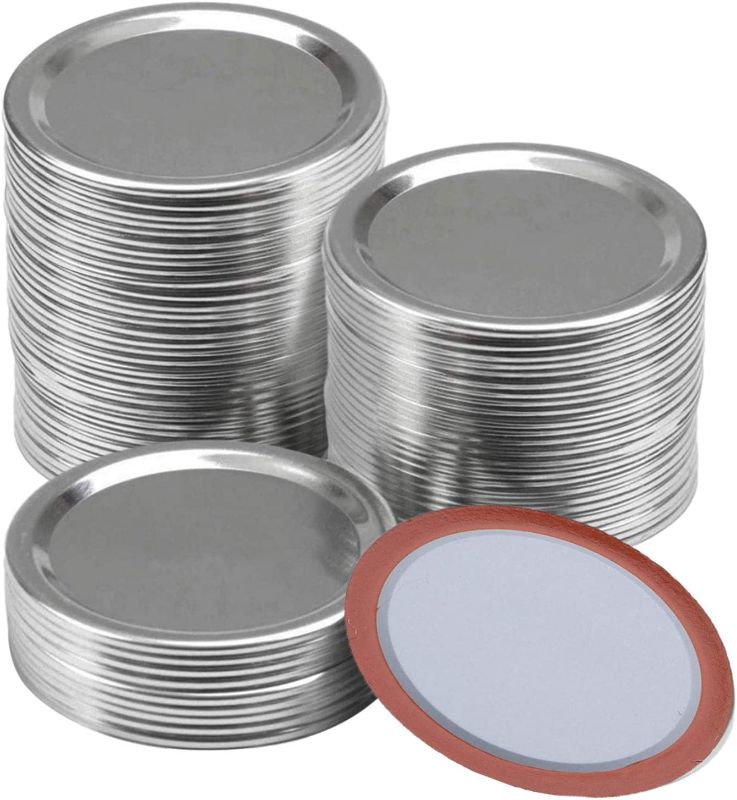 Photo 1 of 100 Pcs Regular Mouth Canning Lids,70MM Mason Jar Canning Lids, Reusable Leak Proof Split-Type Silver Lids with Silicone Seals Rings
