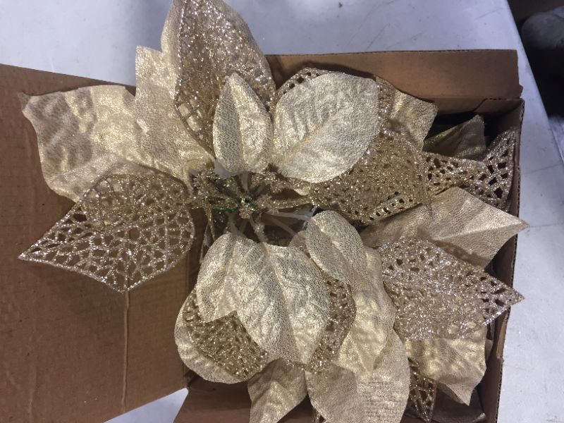 Photo 2 of 10 Pack Christmas Poinsettia Flowers Glitter Poinsettia Bushes Christmas Tree Flowers Christmas Poinsettia Ornament, Artificial Poinsettia Flowers Christmas Decorations Champagne Gold
