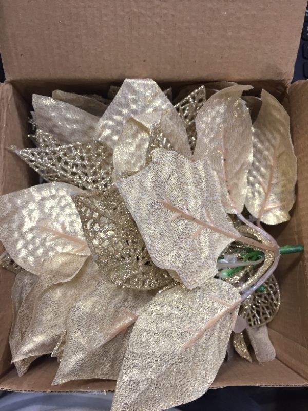 Photo 2 of 10 Pack Christmas Poinsettia Flowers Glitter Poinsettia Bushes Christmas Tree Flowers Christmas Poinsettia Ornament, Artificial Poinsettia Flowers Christmas Decorations Champagne Gold
