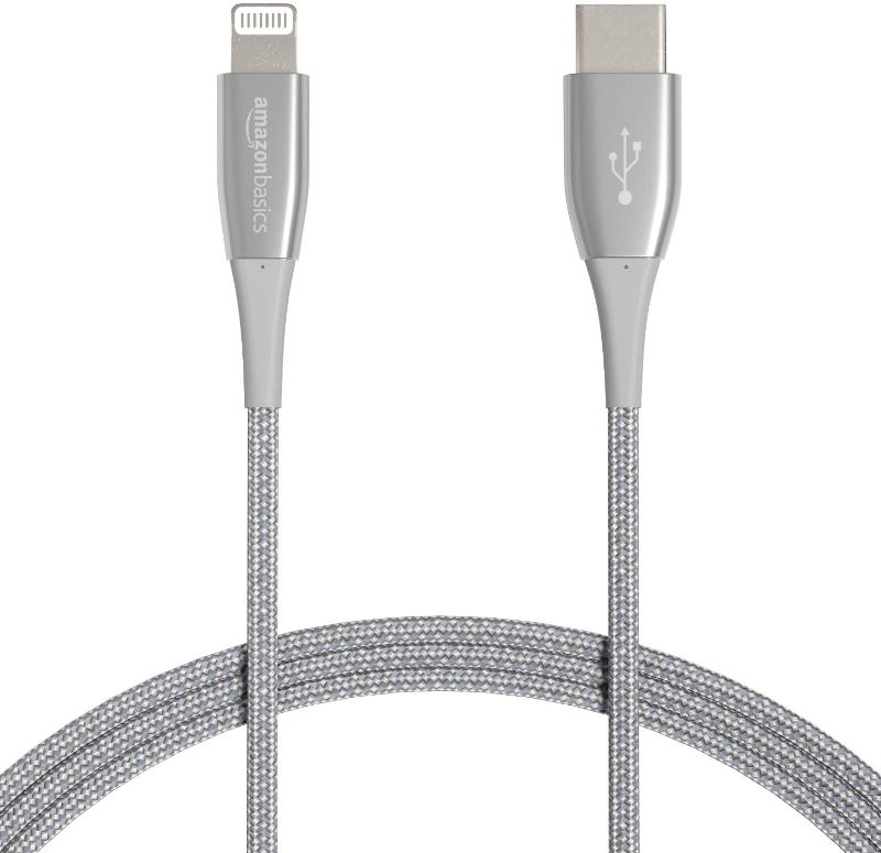 Photo 1 of Amazon Basics Nylon USB-C to Lightning Cable Cord, MFi Certified Charger for Apple iPhone 13/12/11, iPad, 20,000 Bend Lifespan - Silver, 3-Ft
