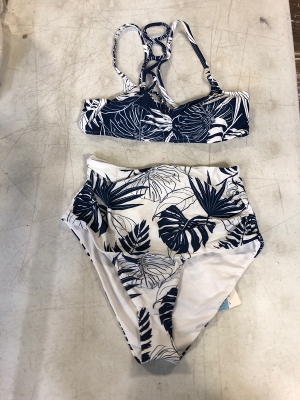 Photo 2 of CUPSHE Blue And White Leafy High Waisted Bikini. Small
