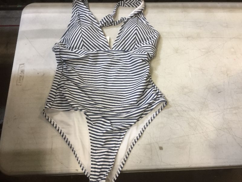 Photo 2 of Blue And White Stripe Halter One Piece Swimsuit
