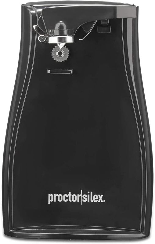 Photo 1 of Proctor Silex Power Electric Automatic Can Opener with Knife Sharpener, Twist-off Easy-Clean Lever, Cord Storage, Black (75217F) 7.9" x 4.8" x 5"
