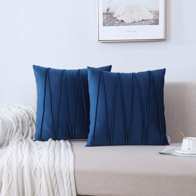 Photo 1 of NordECO HOME Soft Velvet Throw Pillowcases Mordern M Striped Cushion Covers Square Throw Pillow Cover Pack of 2, 18x18inch, Dark Blue