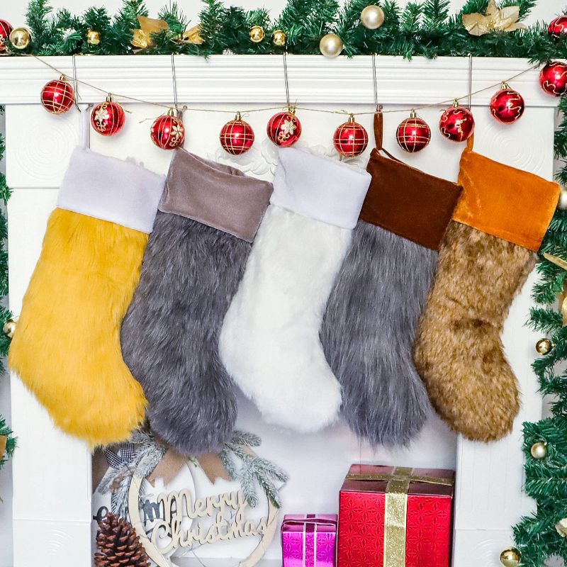 Photo 2 of 2021 Christmas Stockings Set of 5, Large Faux Fur Family Christmas Stocking 5 pack for Farmhouse Décor, luxury Xmas Stockings for Home Decorations Personalized Rustic Ornaments White Gray Red Gold