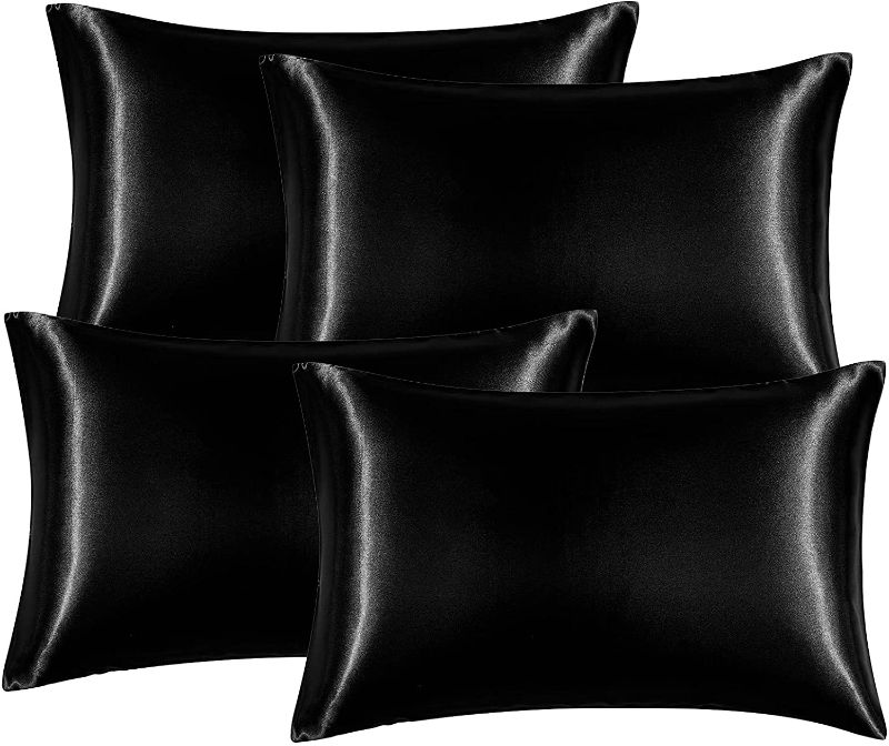 Photo 1 of **SEALED** Hansleep Satin Pillowcase Set of 4 Silky Soft Pillowcase for Hair and Skin, Wrinkle, Fade Resistant with Envelope Closure (Black, Standard 20x26'')
