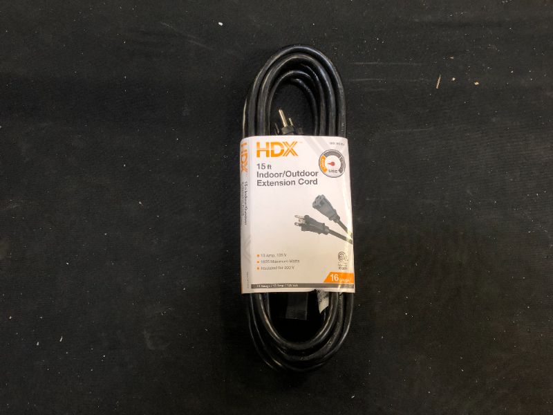 Photo 1 of 15 ft. 16/3 Indoor/Outdoor Extension Cord, Black
