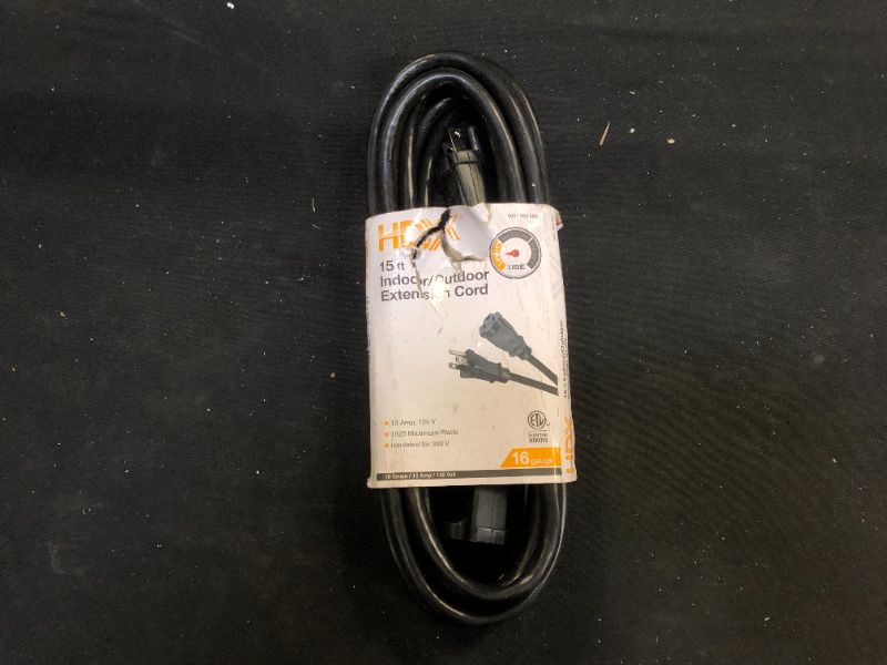 Photo 1 of 15 ft. 16/3 Indoor/Outdoor Extension Cord, Black
