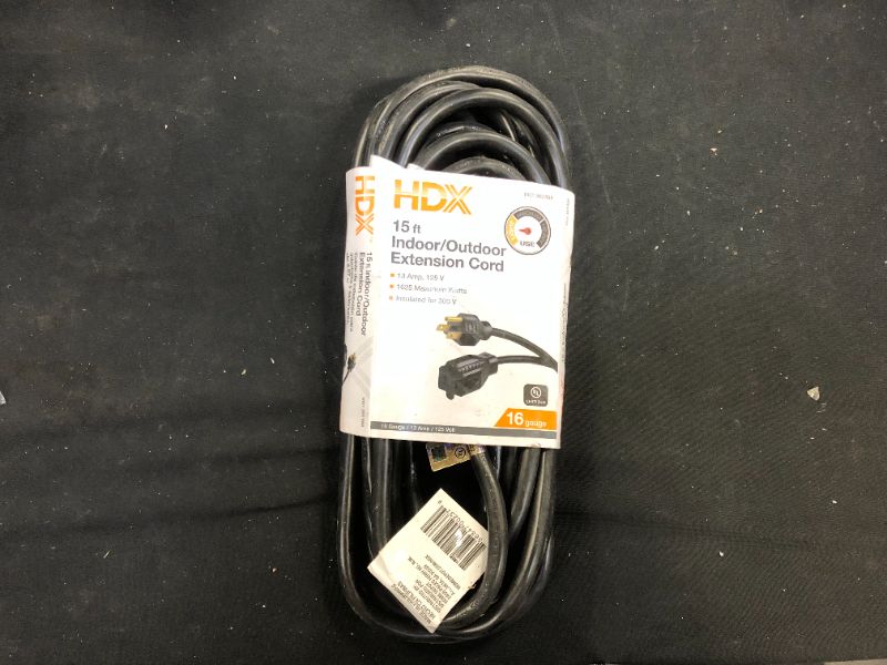 Photo 1 of 15 ft. 16/3 Indoor/Outdoor Extension Cord, Black
