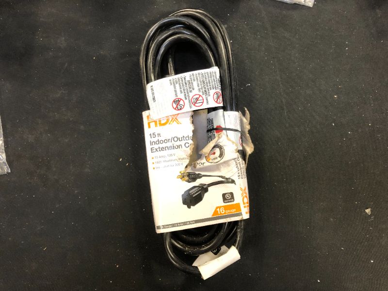 Photo 1 of 15 ft. 16/3 Indoor/Outdoor Extension Cord, Black
