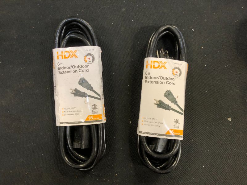 Photo 1 of 8 ft. 16/3 Indoor/Outdoor Workshop Extension Cord, Black 2 Pack