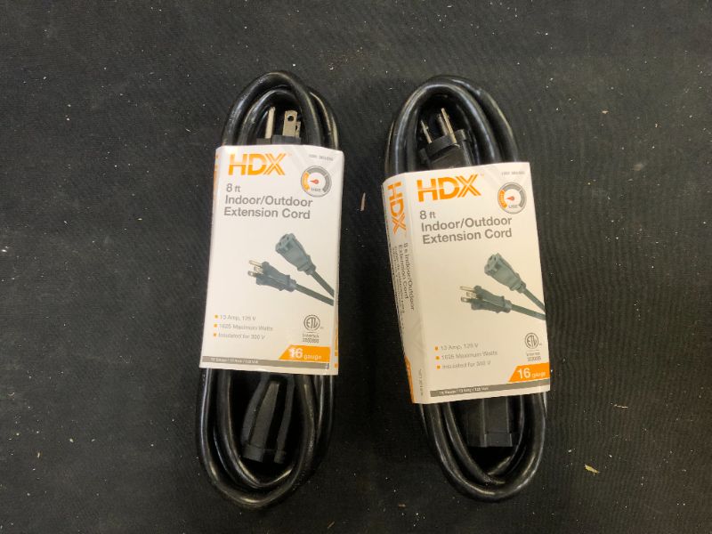 Photo 1 of 8 ft. 16/3 Indoor/Outdoor Workshop Extension Cord, Black 2 Pack