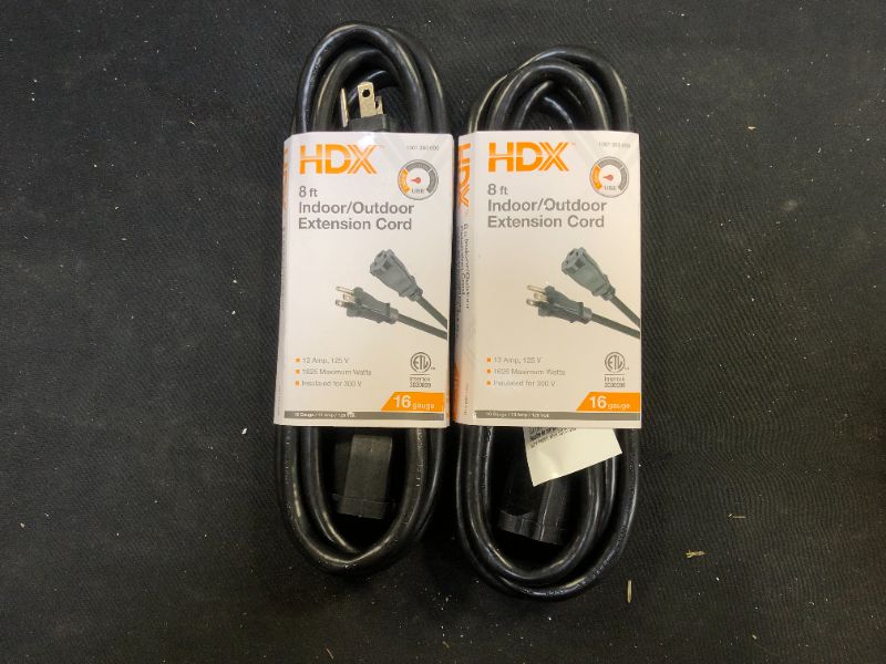 Photo 1 of 8 ft. 16/3 Indoor/Outdoor Workshop Extension Cord, Black 2 Pack