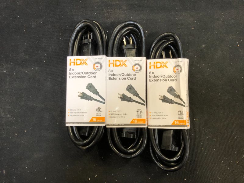 Photo 1 of 8 ft. 16/3 Indoor/Outdoor Workshop Extension Cord, Black 3 Pack