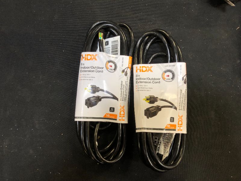 Photo 1 of 8 ft. 16/3 Indoor/Outdoor Workshop Extension Cord, Black 2 Pack