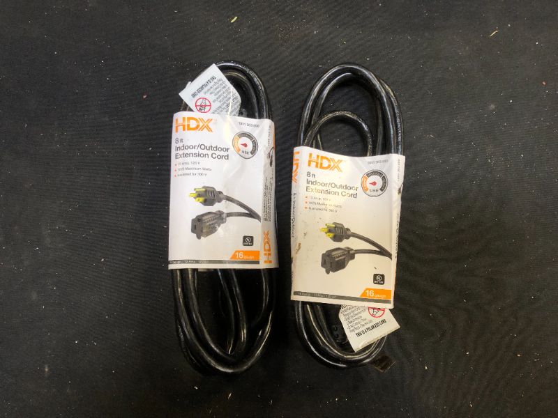 Photo 1 of 8 ft. 16/3 Indoor/Outdoor Workshop Extension Cord, Black 2 Pack