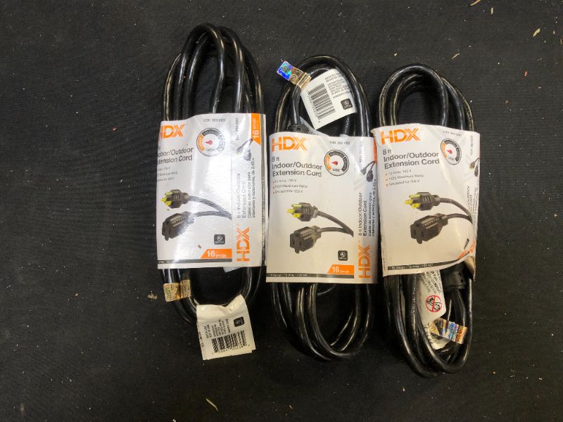 Photo 1 of 8 ft. 16/3 Indoor/Outdoor Workshop Extension Cord, Black 3 Pack